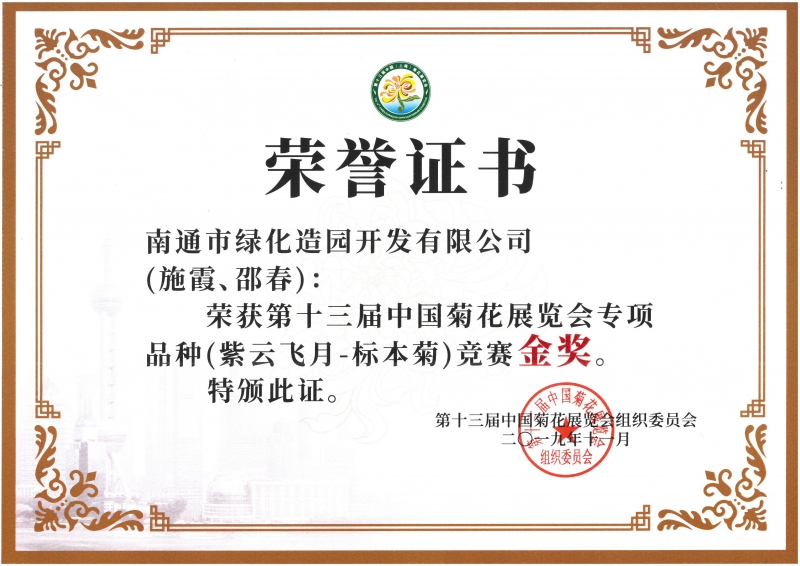 十三屆中國菊花展覽會專項品種（紫云飛月-標本菊）競賽金獎（施霞、邵春）